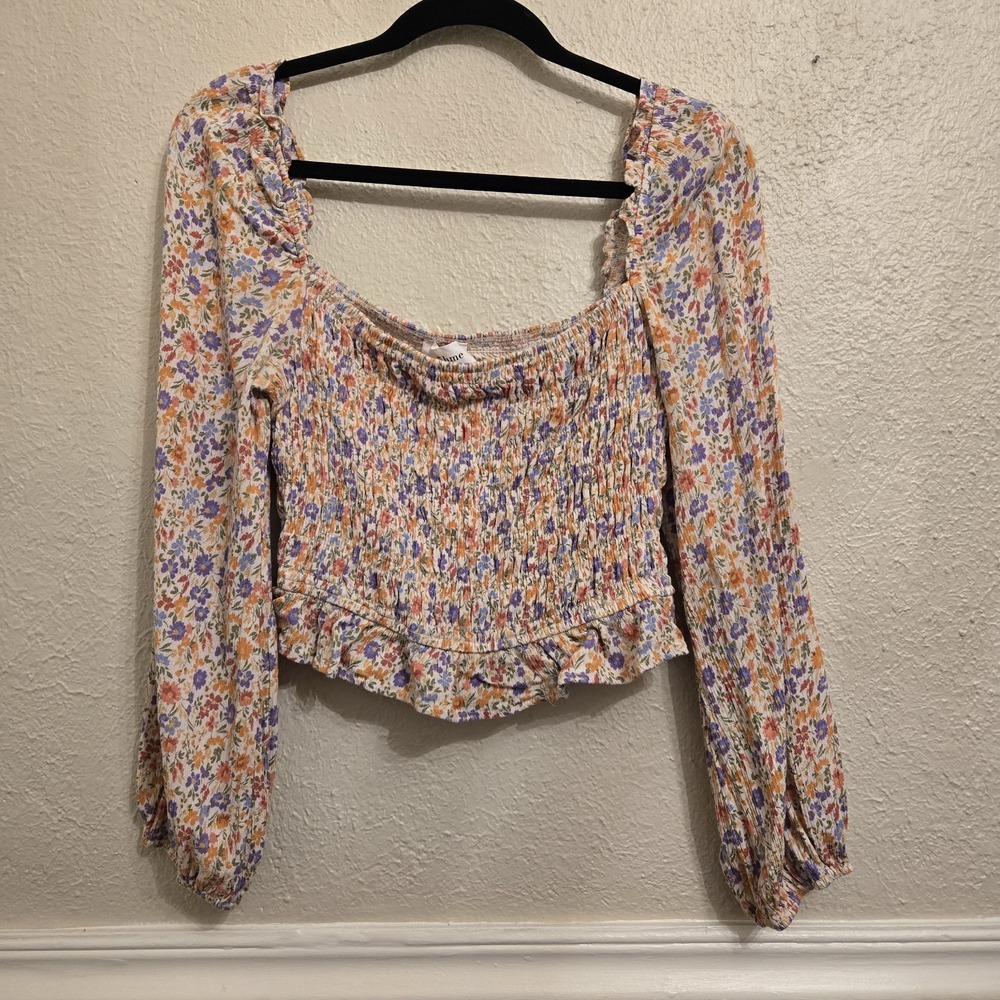 Bohme Smocked Crop Top Long Puff Sleeve Floral Pink Lavender Ivory Ruffle Large - Picture 4 of 14